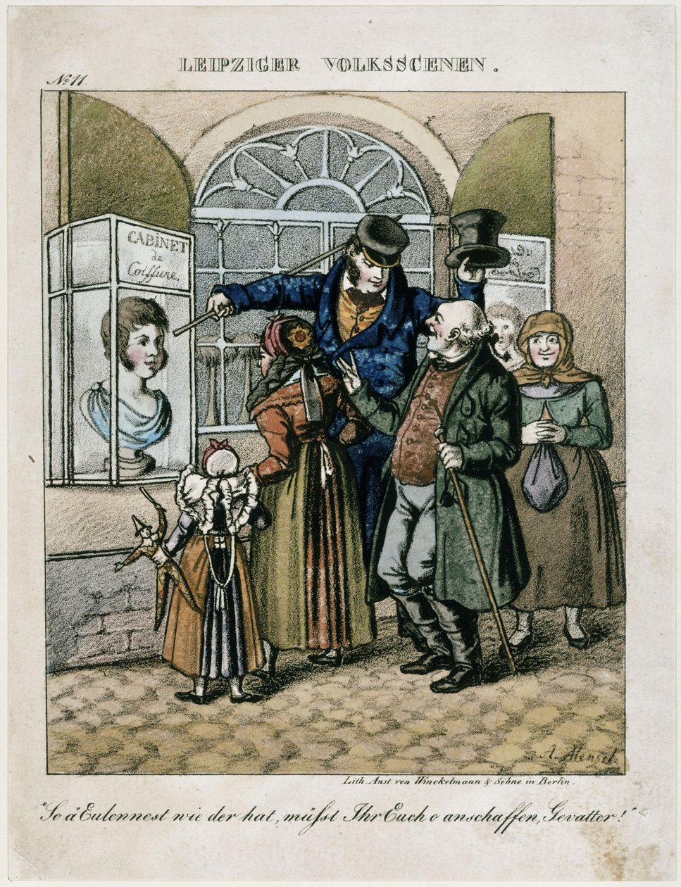 Bønder foran voksbysten av en frisør. Fra: Folkescener fra Leipzig av Adolph Menzel