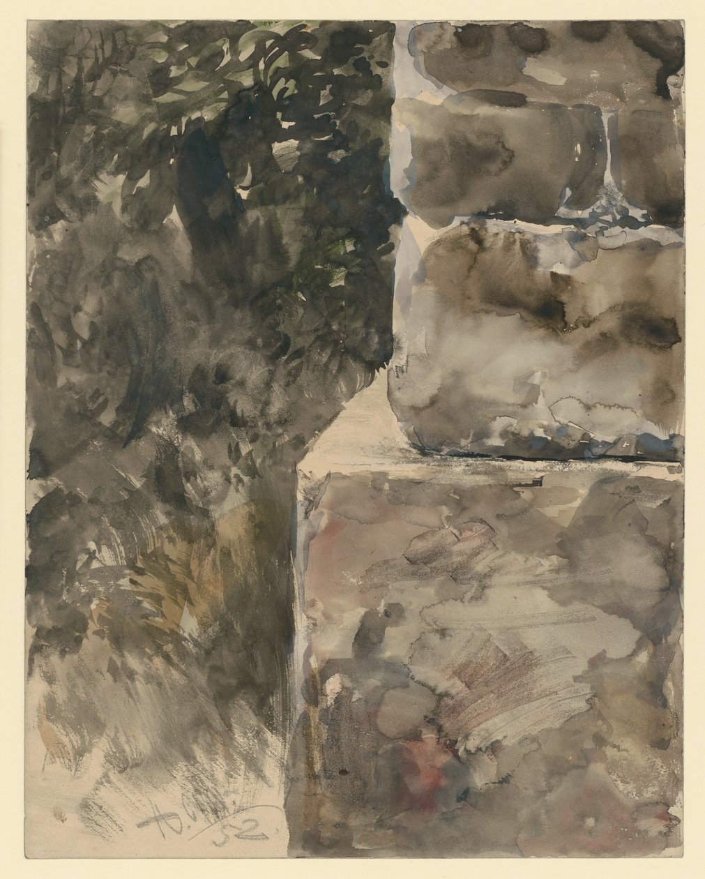 Trebladverk ved steinsokkelen av Adolph Menzel