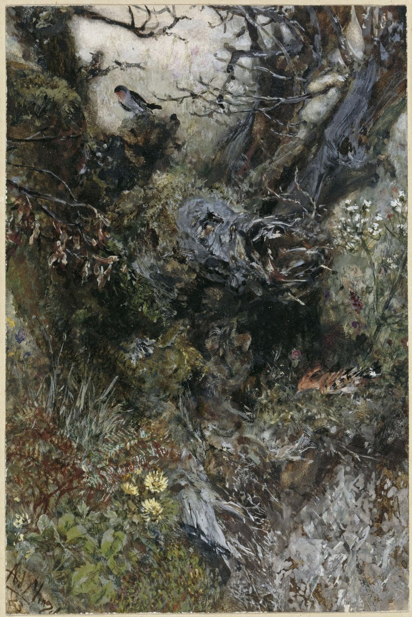 Trestubbe med rødstrupe og hærfugl. Fra «Barnealbumet» av Adolph Menzel