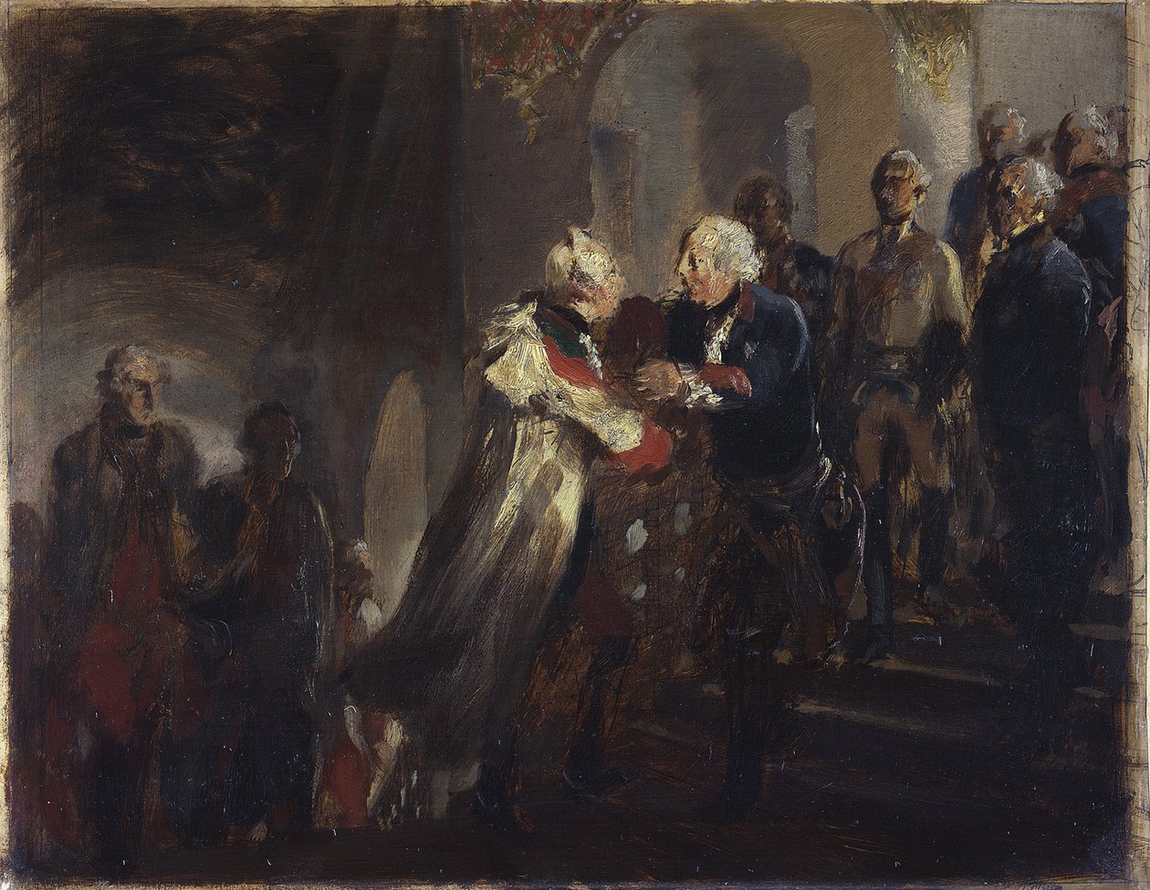 Møte mellom Fredrik II og keiser Josef II i Nysa i 1769. Skisse av Adolph Menzel