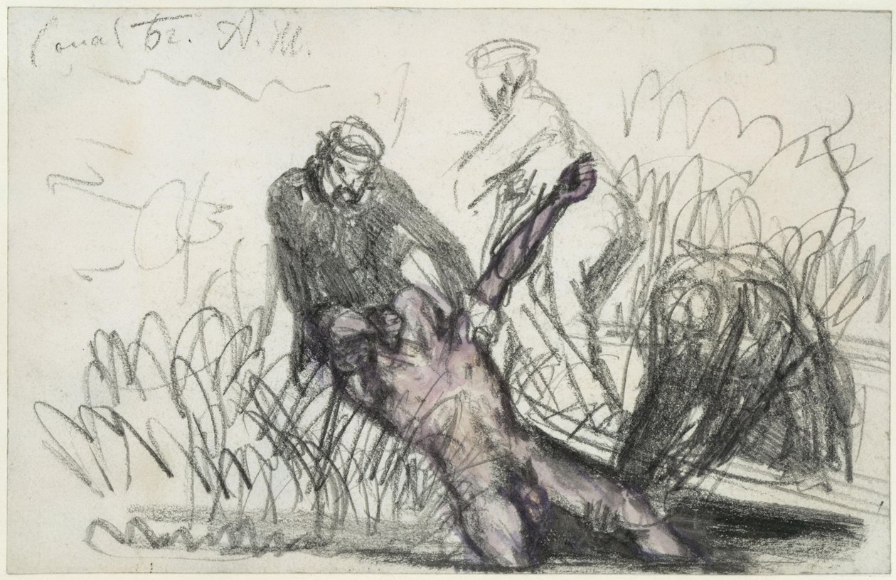 Berging av et mannlig lik fra Landwehrkanalen (c) av Adolph Menzel