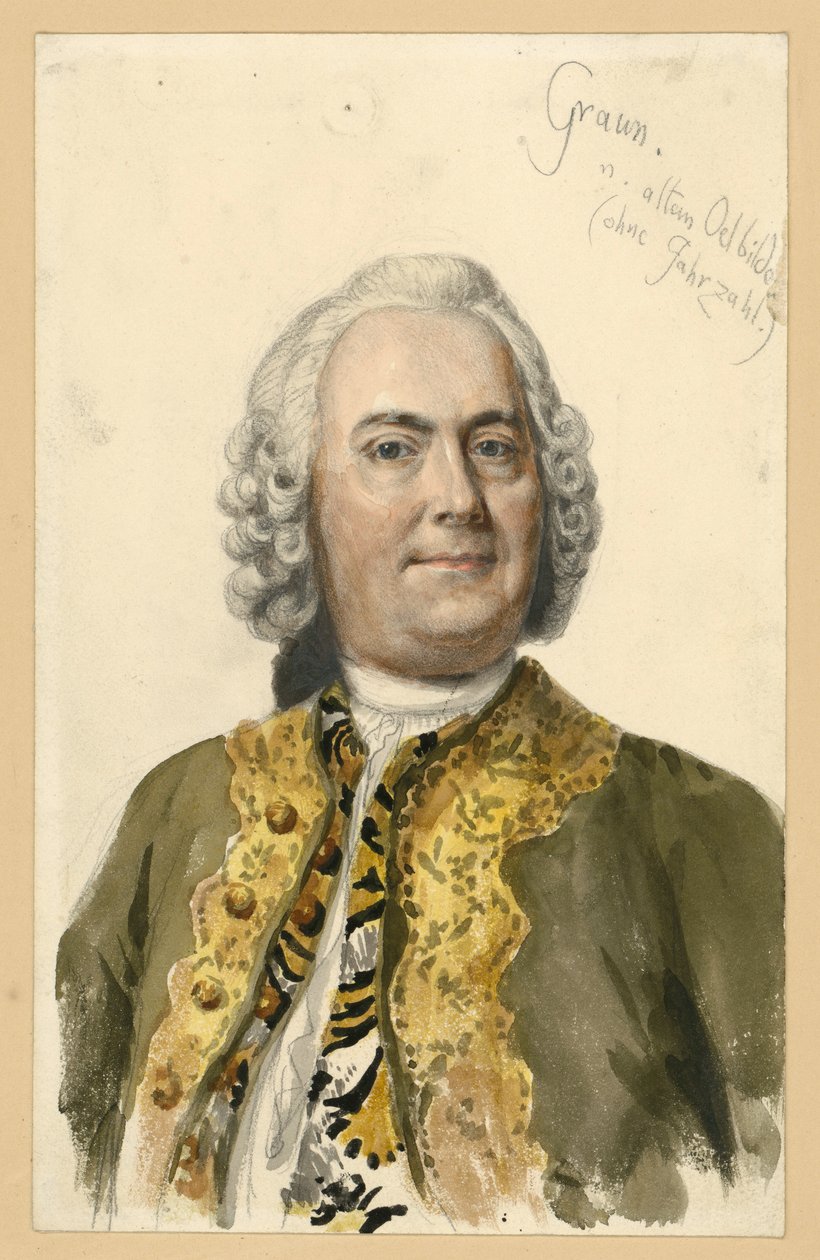 Portrett av Carl Heinrich Graun, hoffkomponist under Fredrik II, brystbilde i frontalt perspektiv etter maleriet av Andreas Möller, med notater av Adolph Menzel