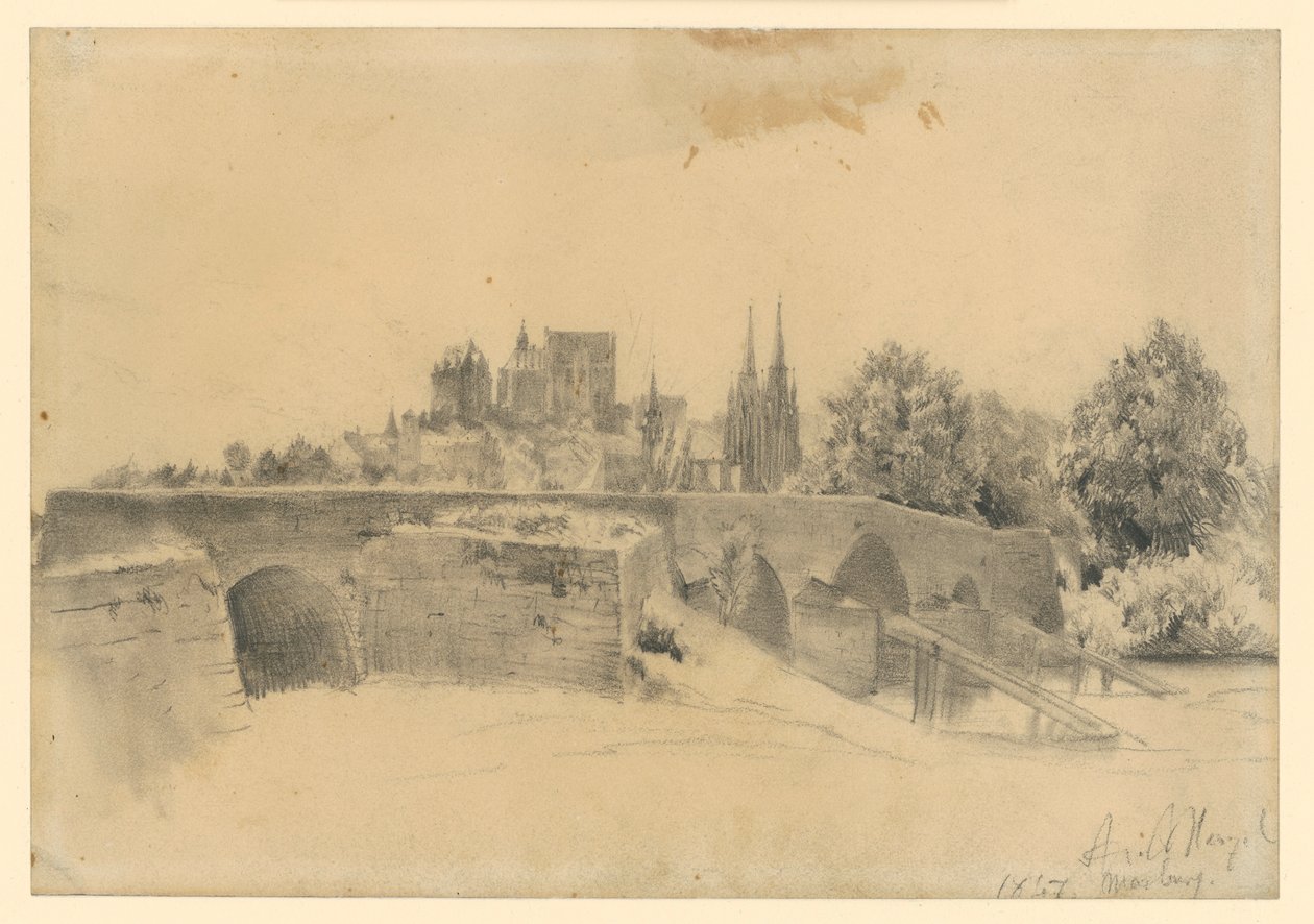 Utsikt over Marburg og Lahn-broen av Adolph Menzel