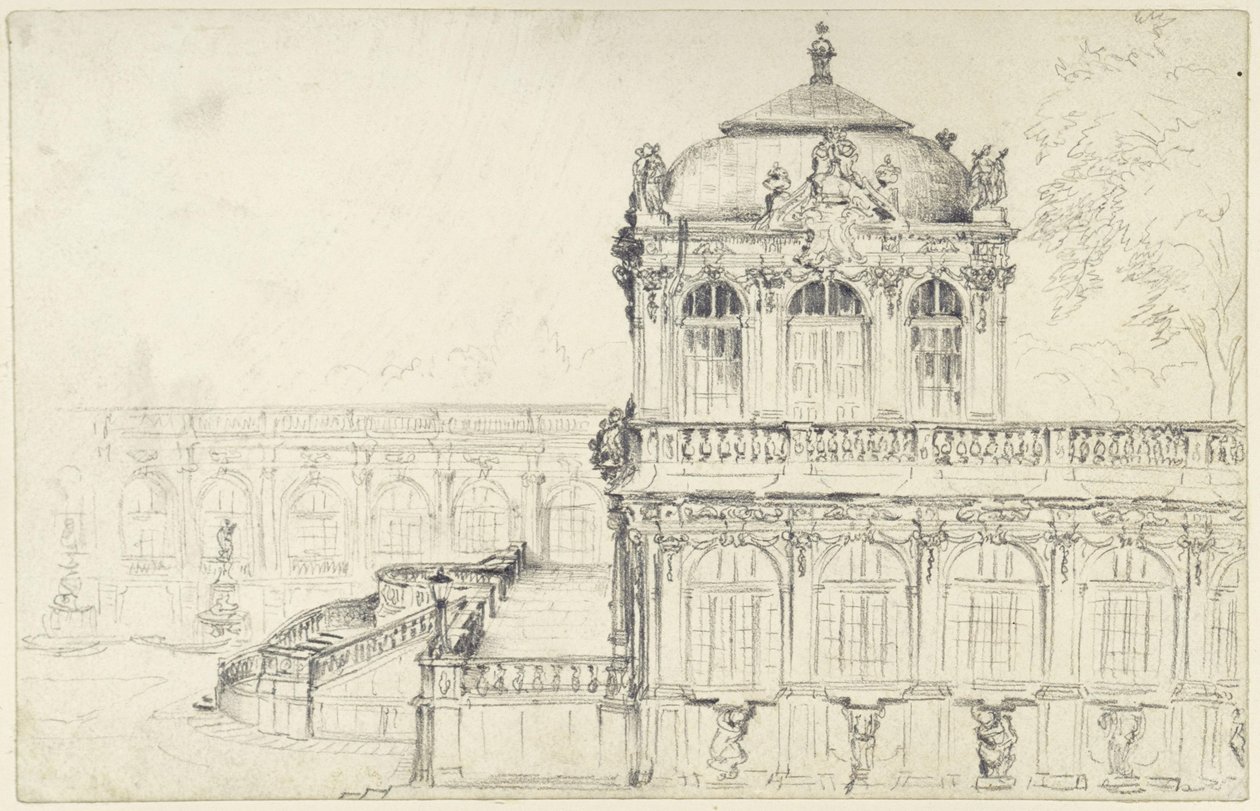 Utsikt over den smale siden av den matematisk-fysiske salongen og det østlige lange galleriet i Zwinger i Dresden av Adolph Menzel