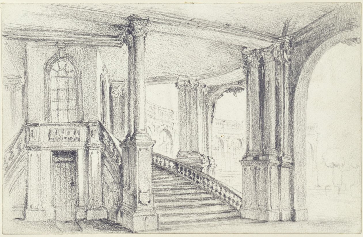 Utsikt gjennom bypaviljongen mot det sørøstlige arkadegalleriet i Zwinger i Dresden av Adolph Menzel