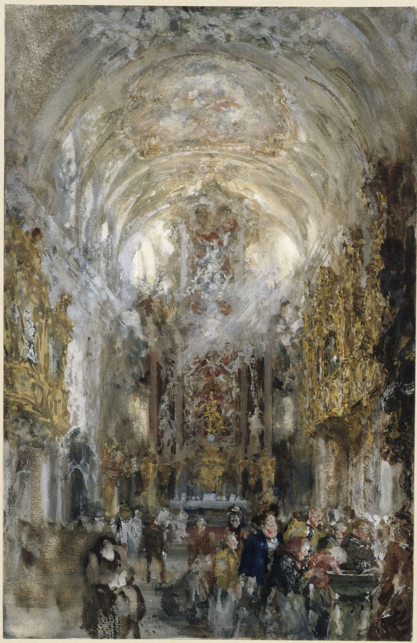 Innblikk i Vår Frue stiftskirke ved Det gamle kapell i Regensburg, foran til høyre personer ved vievannskaret av Adolph Menzel