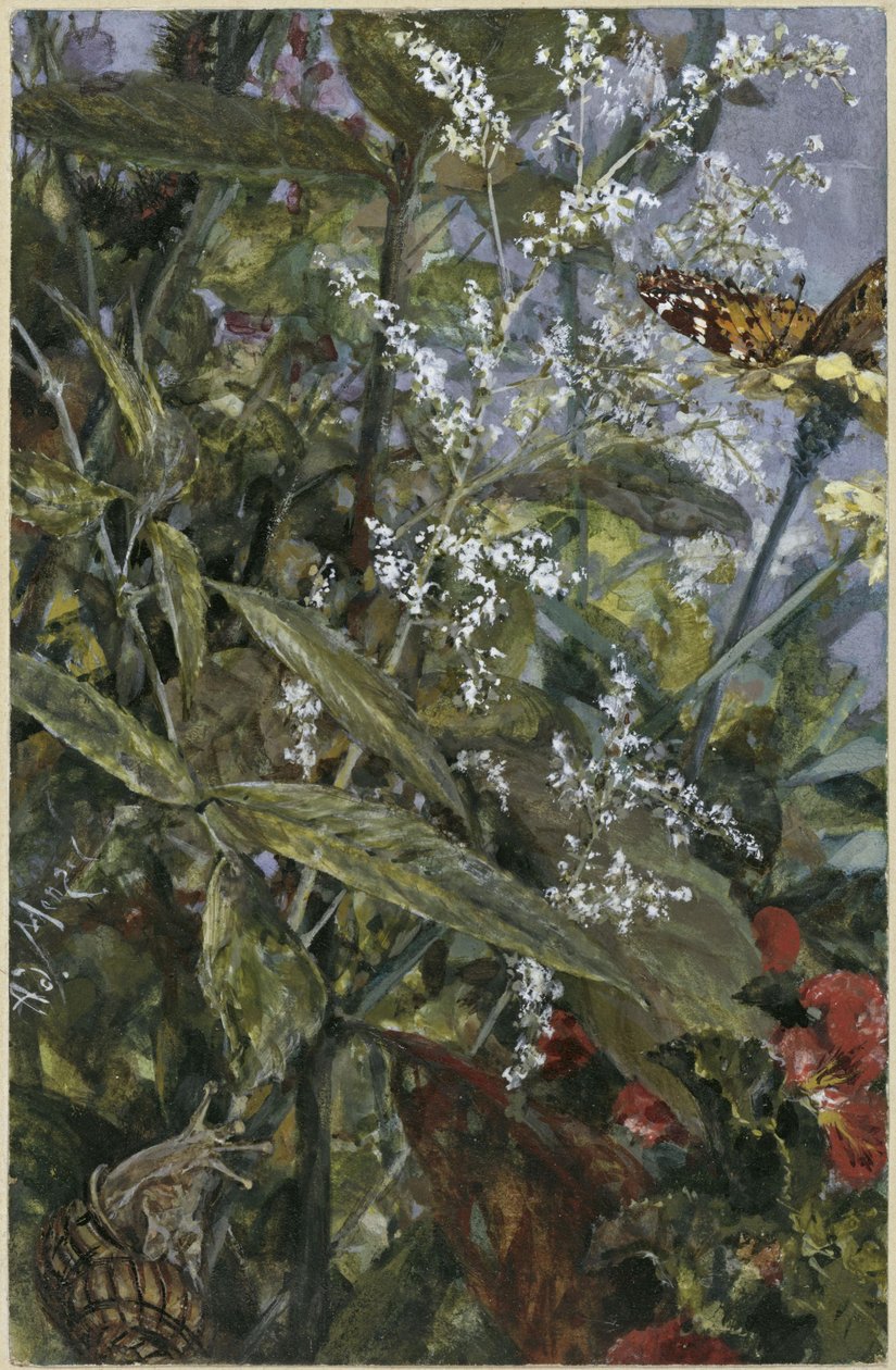 Blomster med en sommerfugl og en snegl. Fra «Barnealbumet» av Adolph Menzel