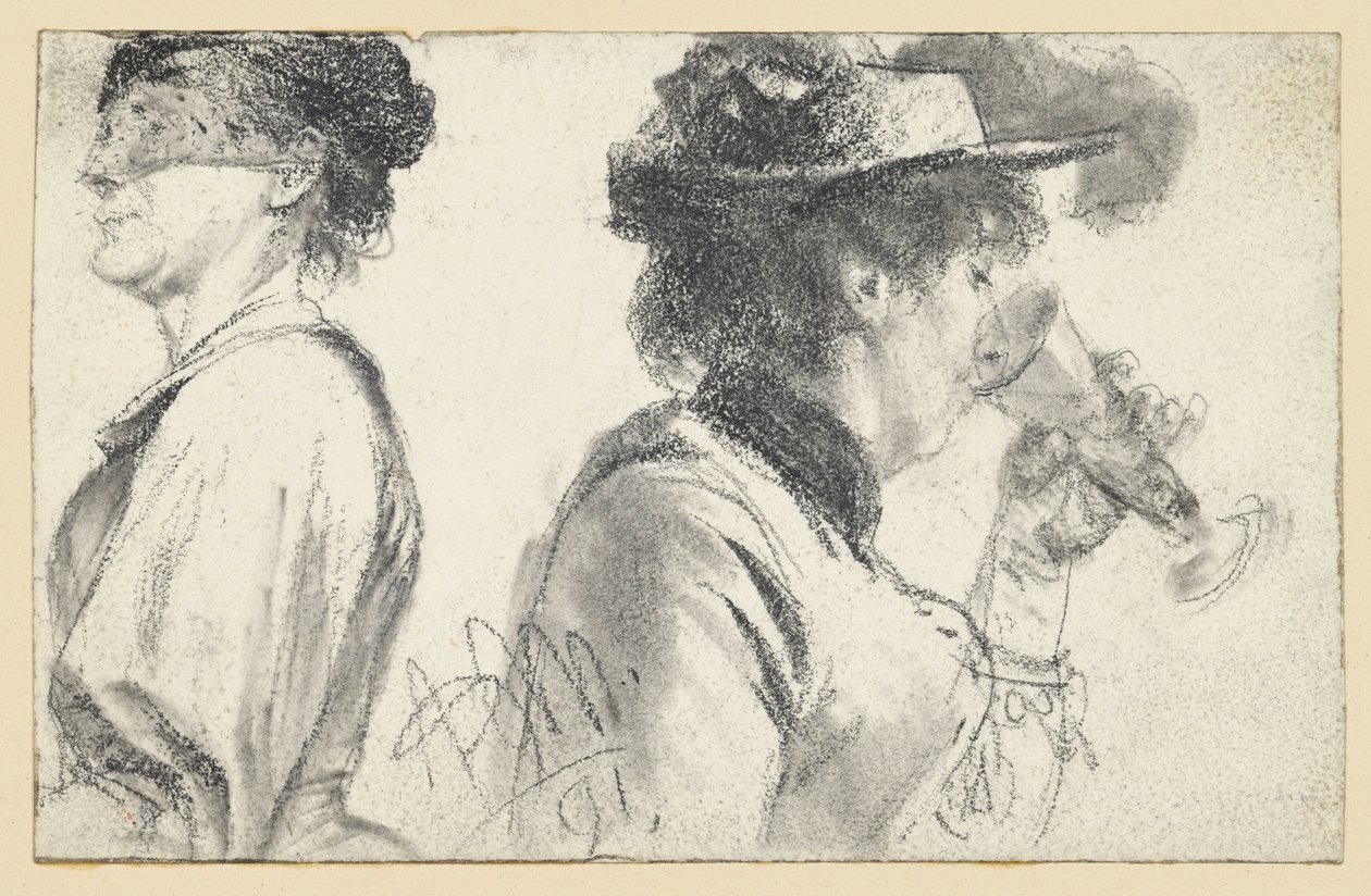 Byste av en dame med slør og en dame med hatt som drikker av et glass av Adolph Menzel