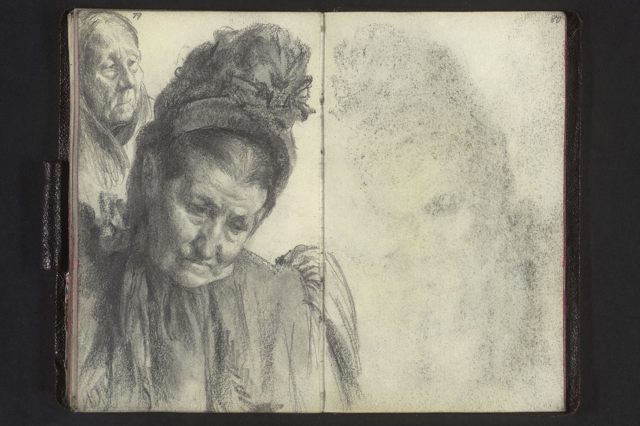 Byste av en gammel kvinne med hatt, kvinnehode med skaut av Adolph Menzel