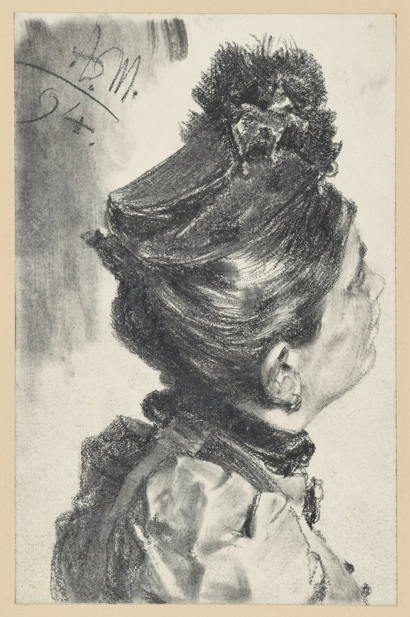 Byste av en dame med hatt som ser opp, vendt mot høyre av Adolph Menzel
