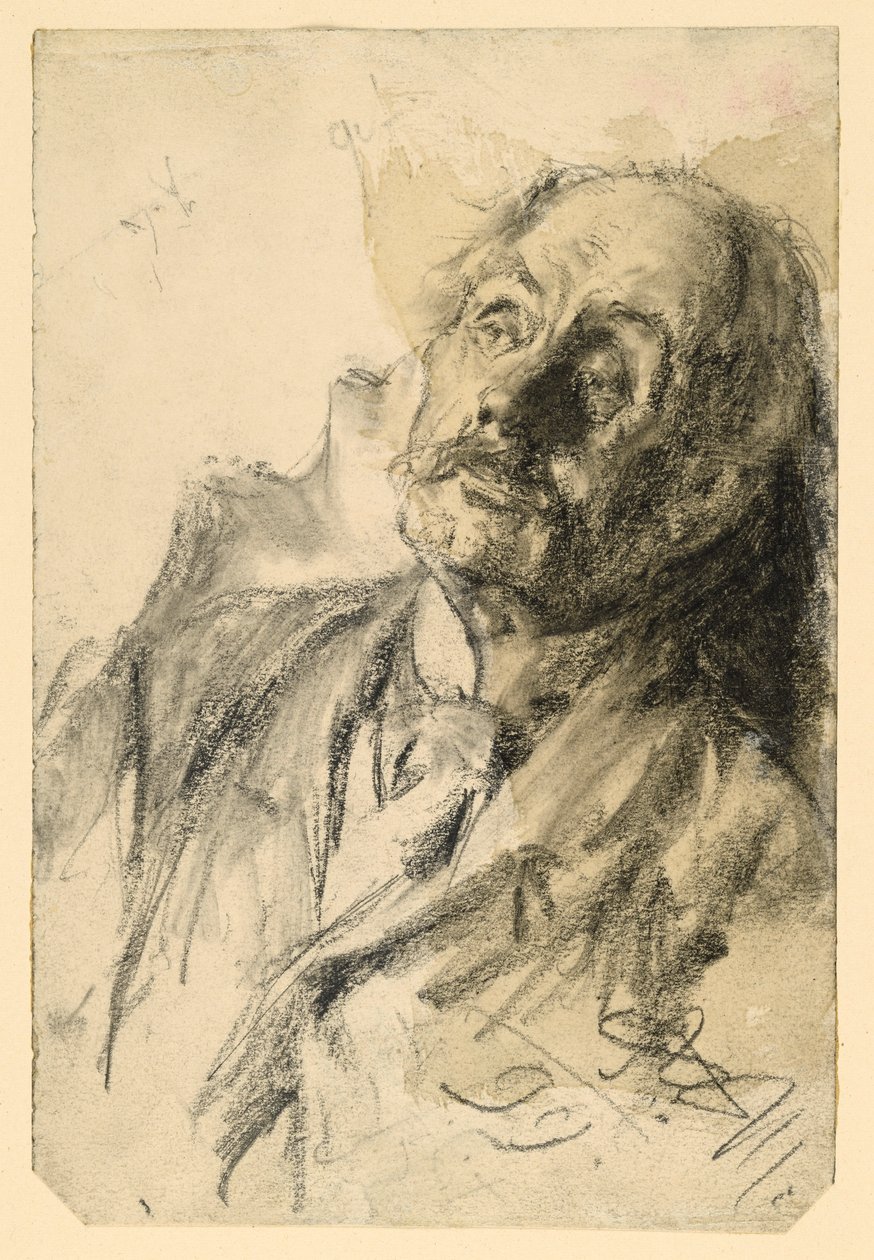 Brystbilde av en eldre mann med bart, lent bakover mot høyre av Adolph Menzel