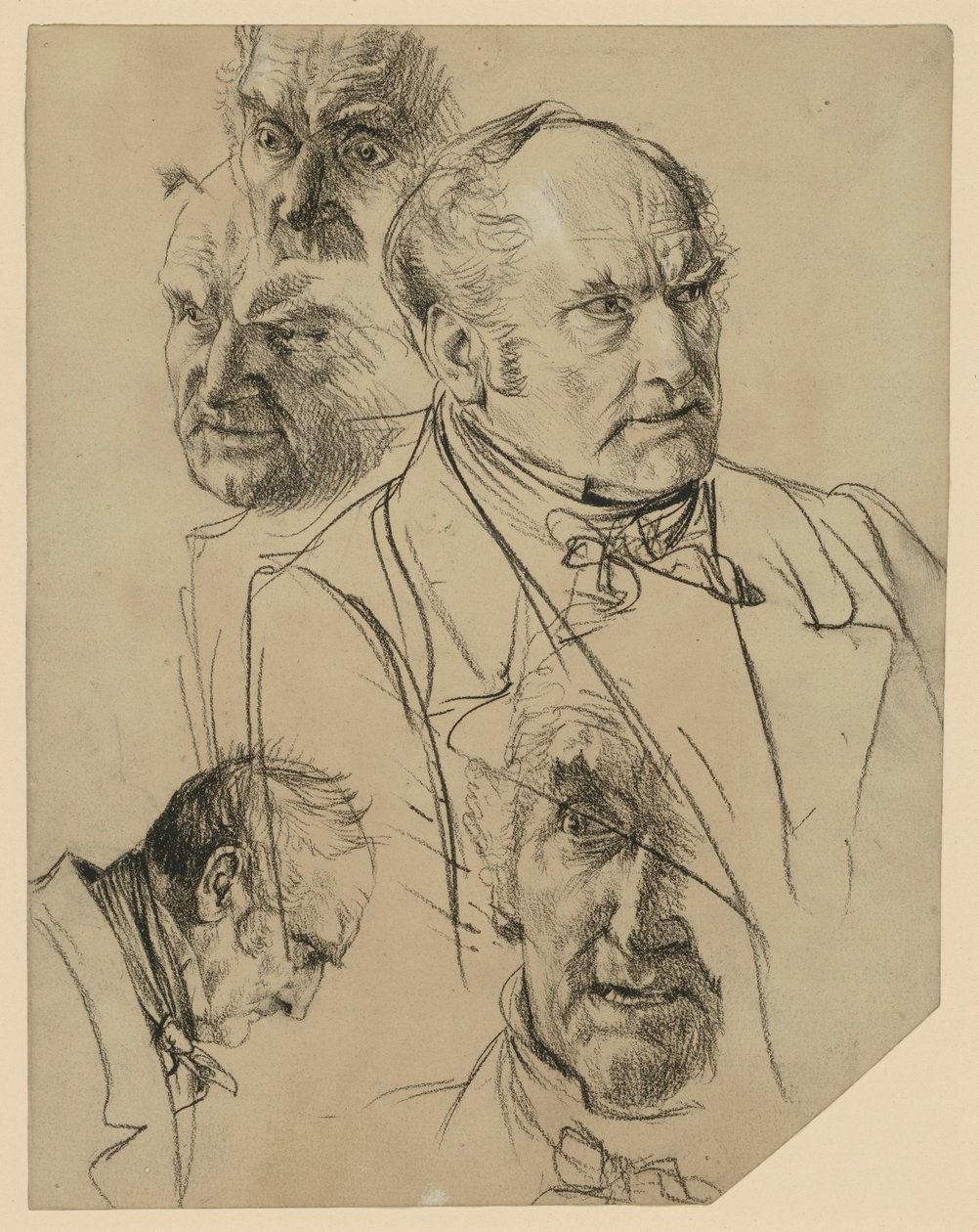 Brystbilde av en eldre mann sett fra høyre side, fire hodestudier av Adolph Menzel