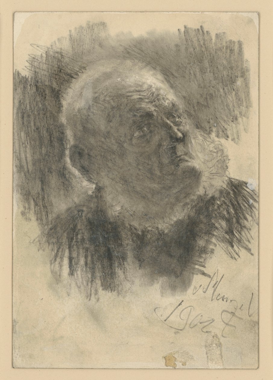 Brystbilde av en gammel mann med murerlue, som ser opp mot høyre av Adolph Menzel
