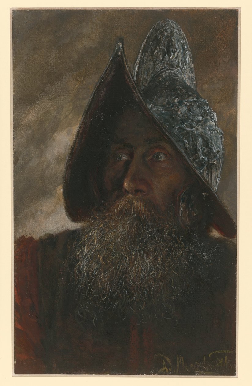 Brystbilde av en skjegget soldat med hjelm, litt vendt mot venstre av Adolph Menzel