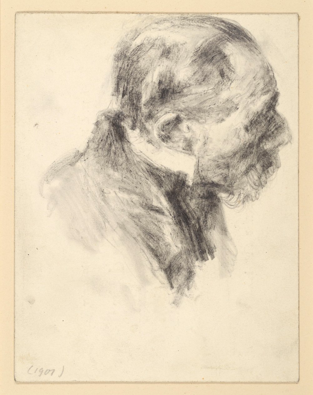 Brystbilde av en skjeggete eldre mann med ståkrage, foroverbøyd, vendt mot høyre av Adolph Menzel