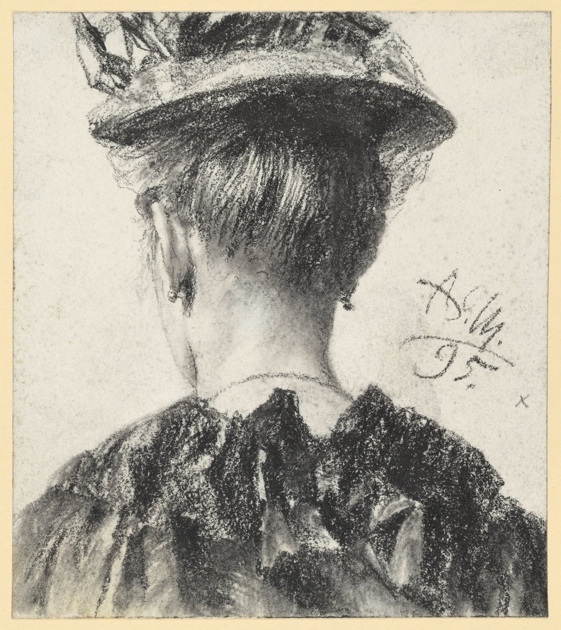 Byste av en kvinne med hatt, sett bakfra av Adolph Menzel