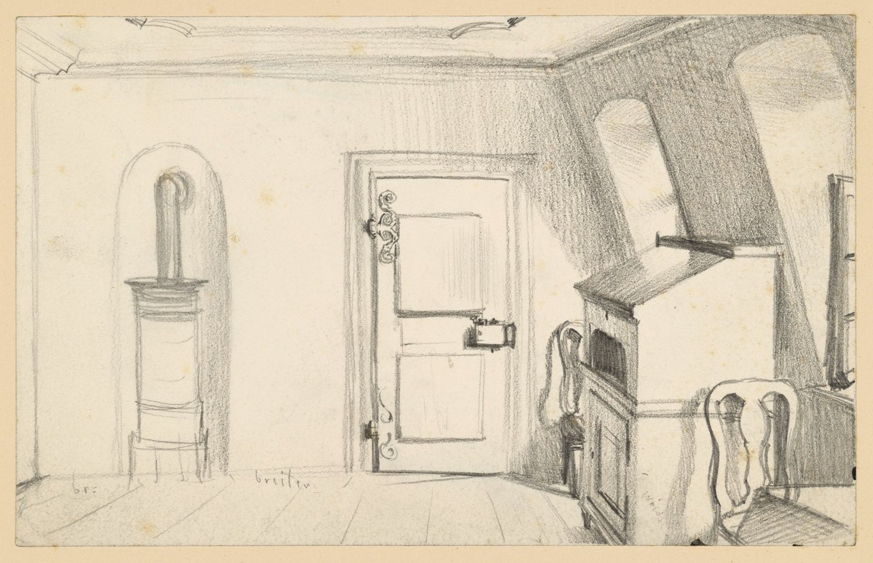 Loftsrom med ovn, dør, skriveskap og stoler i Goethe-huset i Frankfurt am Main av Adolph Menzel
