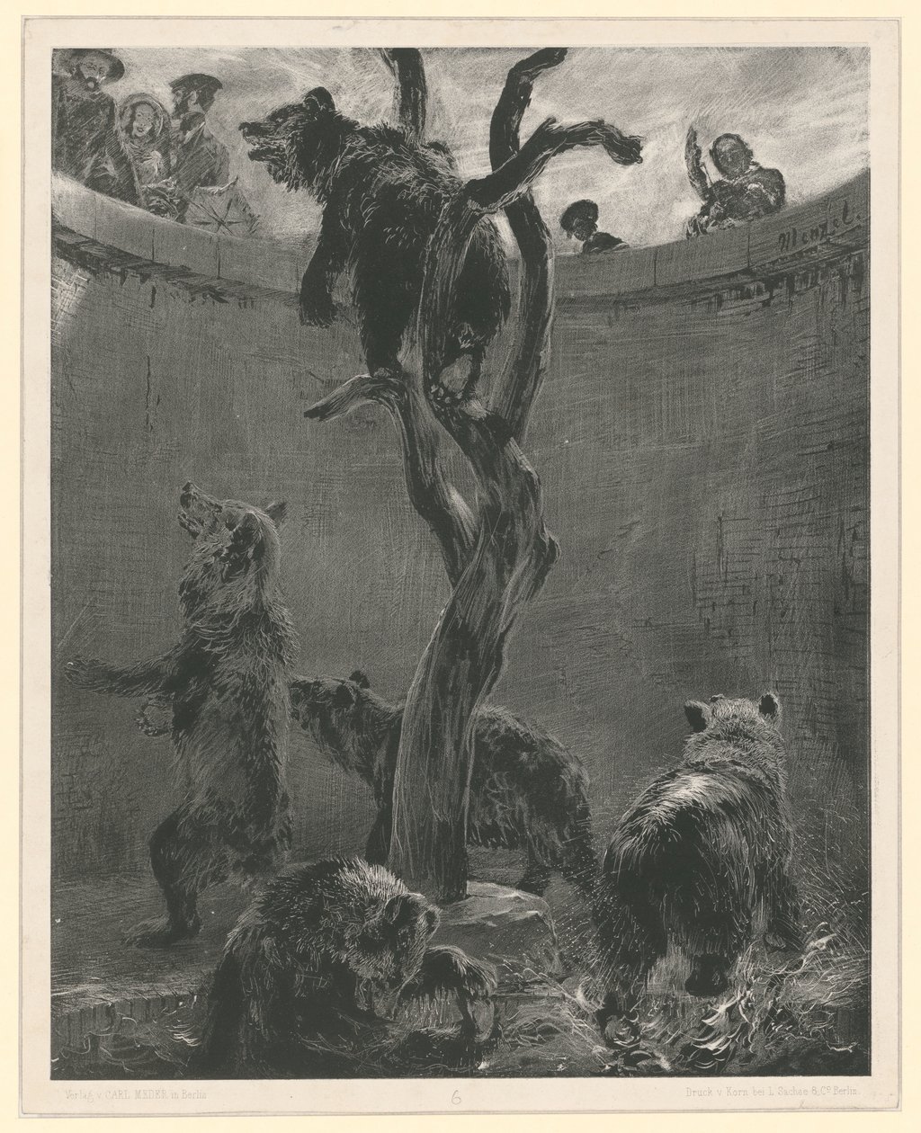 Bjørneinnhegningen i Zoologisk hage. Side 6 fra: «Forsøk med pensel og skrapejern», hefte 1 av Adolph Menzel