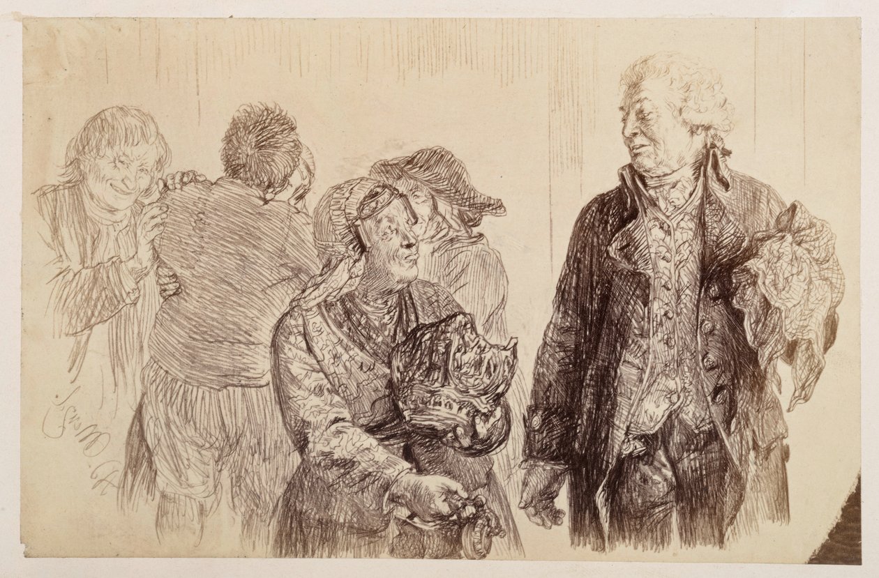 Justisråden, med lommetørkleet i høyre hånd, utveksler de siste ordene med den furtene Marthe. Bak Marthe utveksler Eve og Ruprecht forsoningskysset, til Heinrich von Kleists "Den knuste krukke" av Adolph Menzel