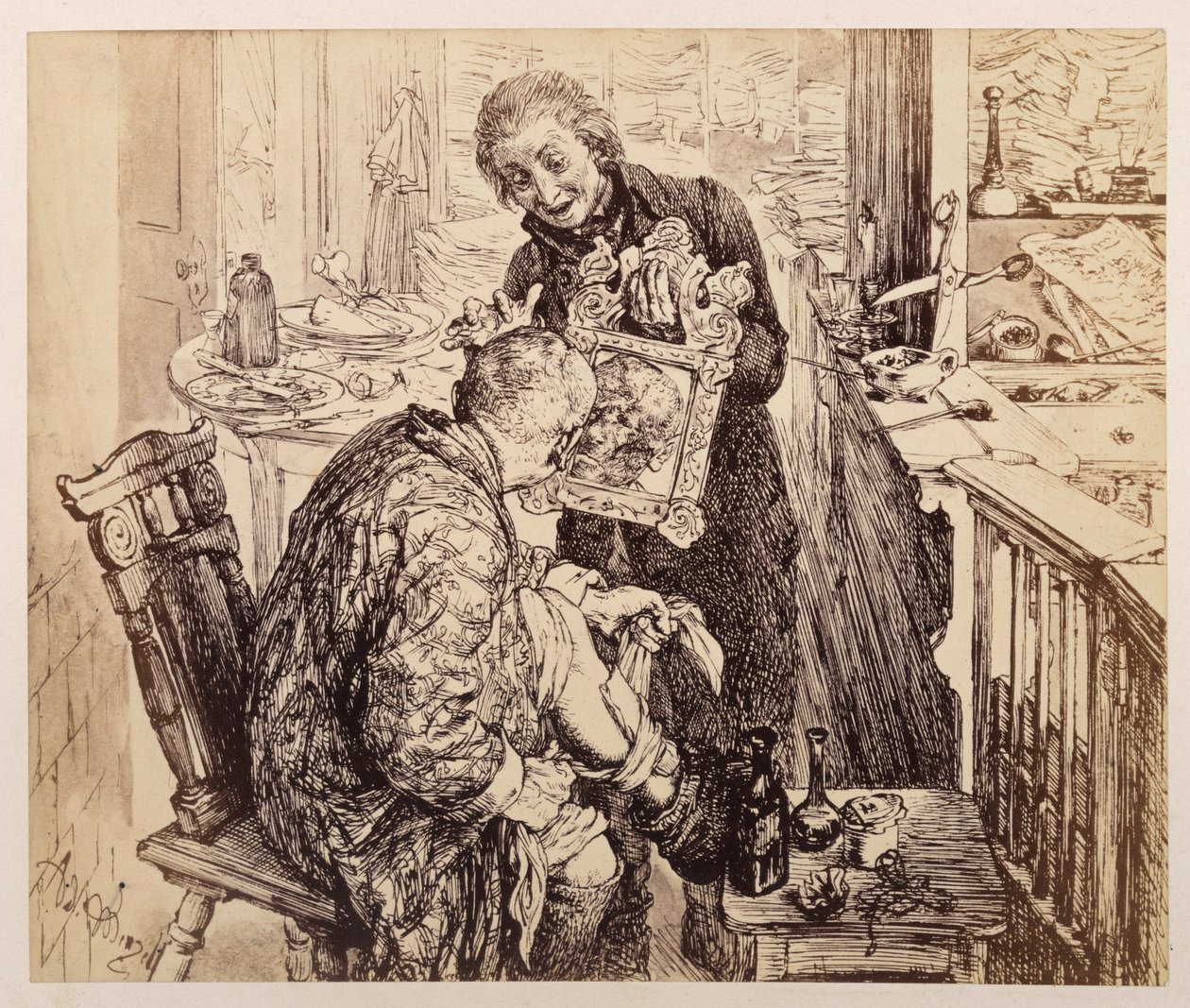 Skriveren Licht finner landsbydommeren Adam mens han forbinder beinet sitt. Adam betrakter sitt forslåtte ansikt i speilet som Licht holder opp for ham, i tråd med Heinrich von Kleists «Den knuste krukken» av Adolph Menzel