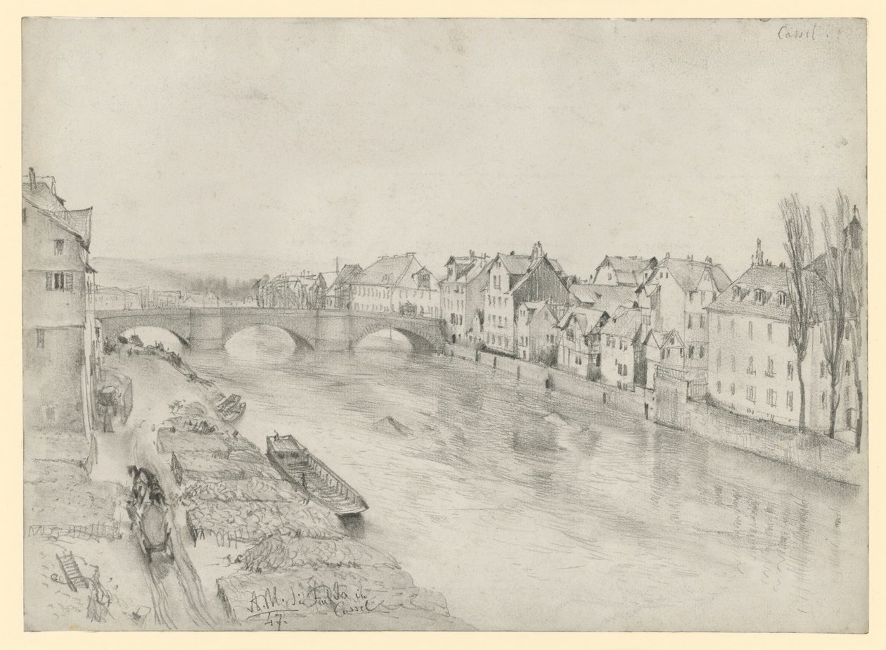 Fulda i Kassel. Elvelandskap med bro og hus av Adolph Menzel