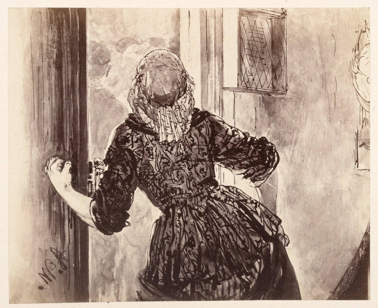 Tjenestejenta kommer ved Adams ringing; sett bakfra, døren, høyre hånd på dørhåndtaket, til Heinrich von Kleists «Den knuste krukken» av Adolph Menzel