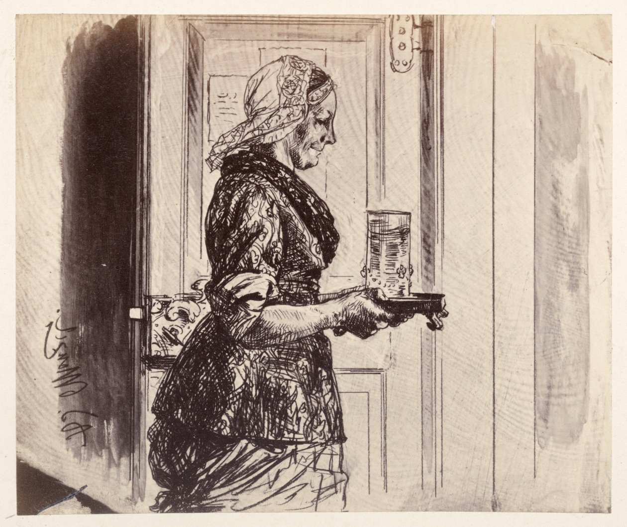 Tjenestepiken kommer inn i rettssalen med glasset med vann som Adam har bestilt, fra Heinrich von Kleists «Den knuste krukken» av Adolph Menzel