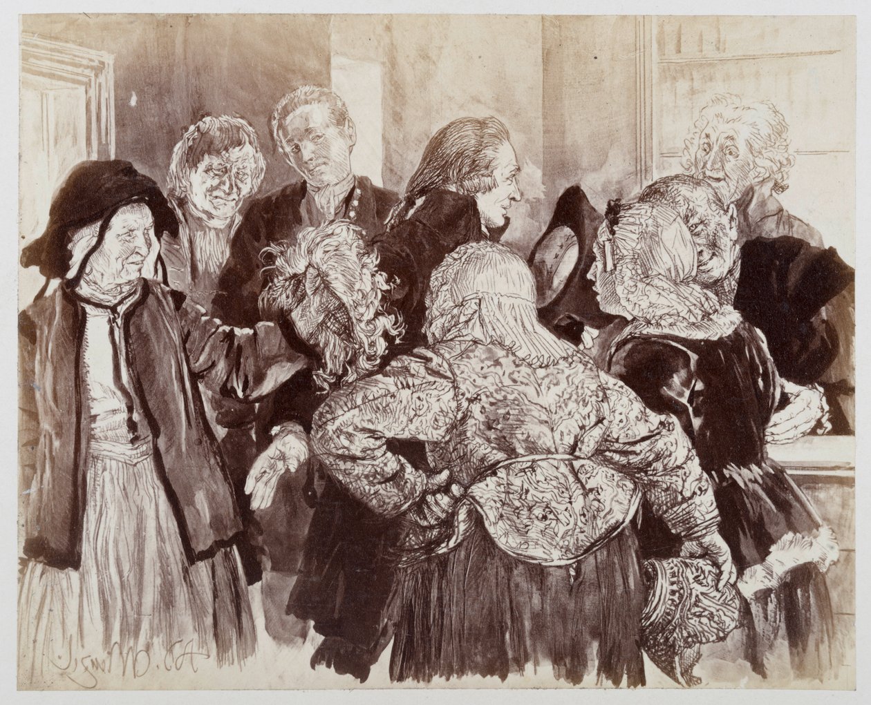 Den gamle Brigitte med parykk i rettssalen. Licht trenger seg med hatten i hånden gjennom partene for å presentere den gamle kvinnen for justisråden, til Heinrich von Kleists «Den knuste krukken» av Adolph Menzel