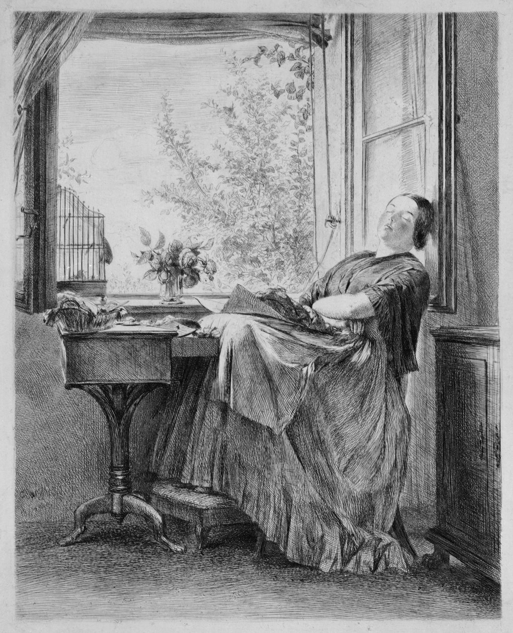 Den sovende syersken ved vinduet (Menzels søster Emilie) av Adolph Menzel