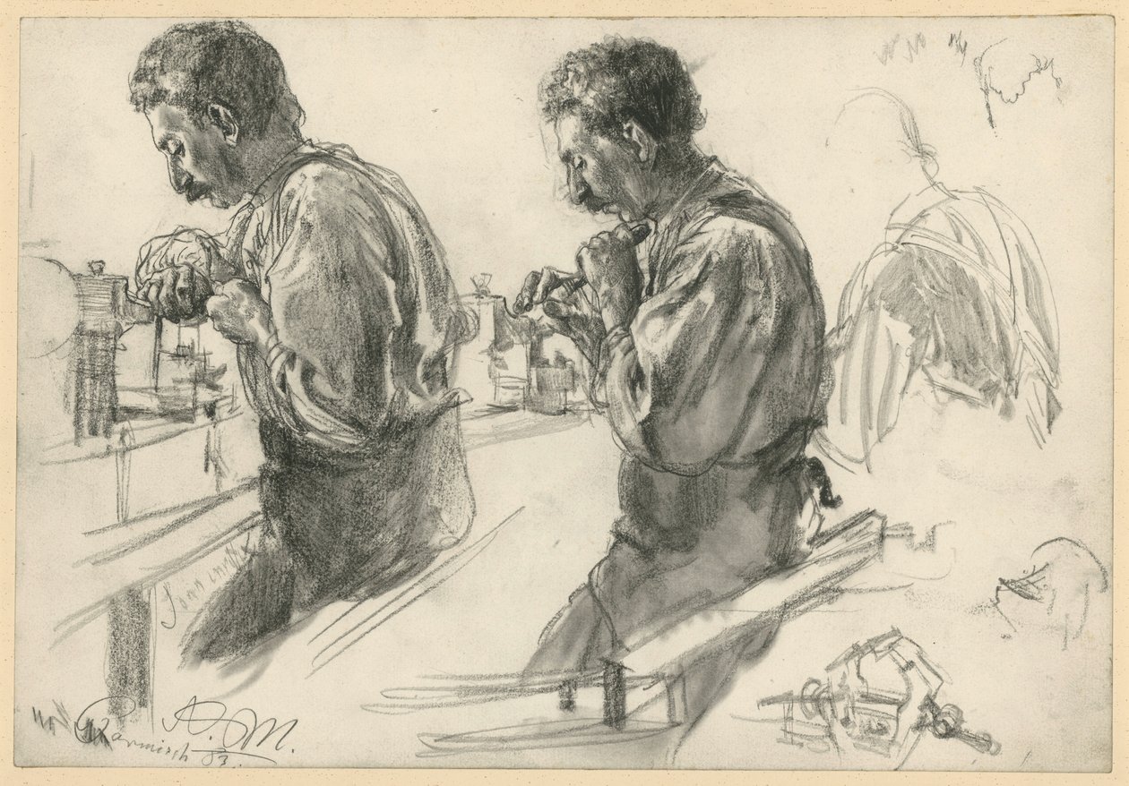 En dreier ved arbeidsbenken, to studier og detaljer av Adolph Menzel