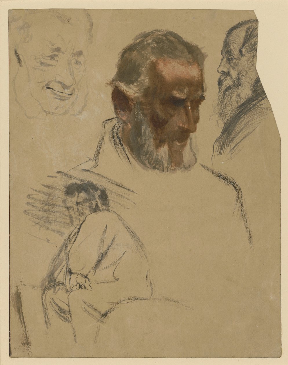 Tre studier av skjeggete hoder og knebilde av en sittende mann mot venstre av Adolph Menzel