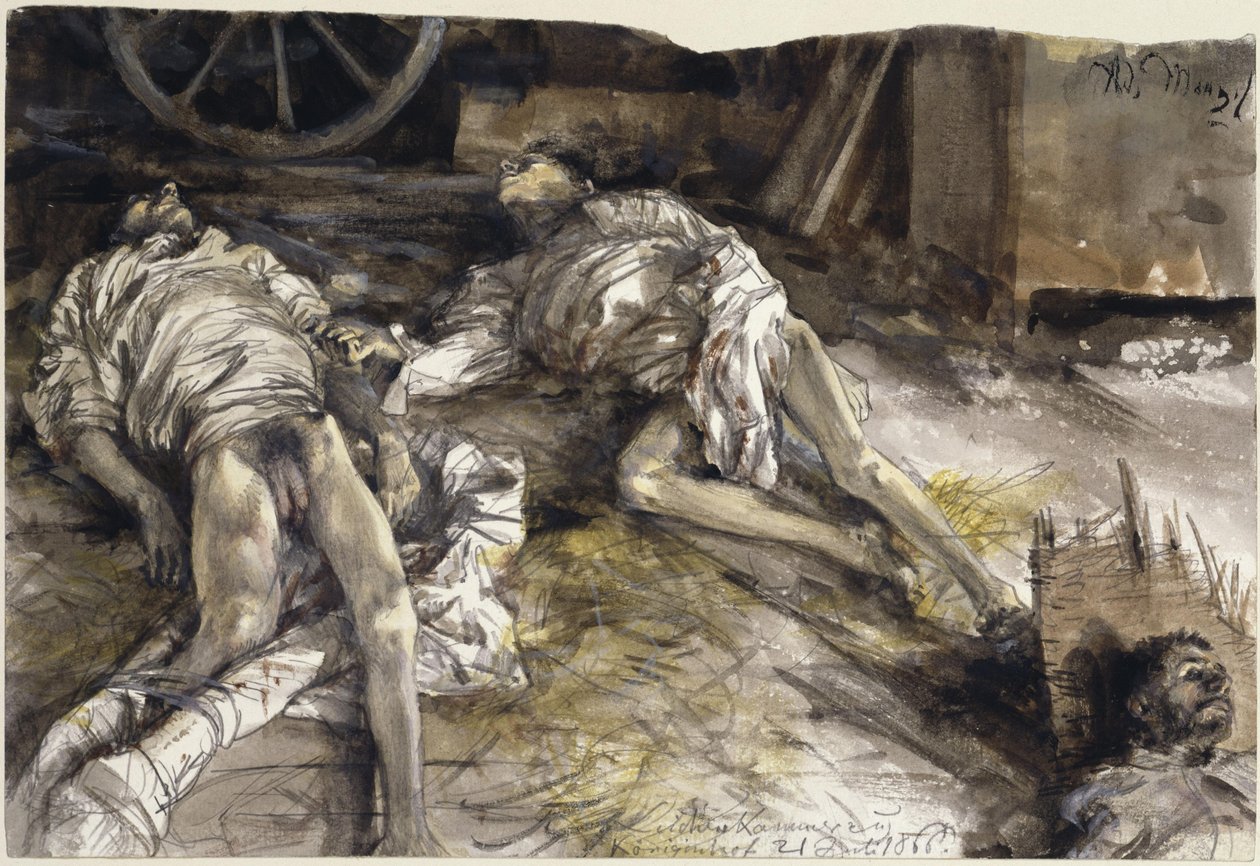 Tre falne soldater i en låve - likkammer i Königinhof av Adolph Menzel
