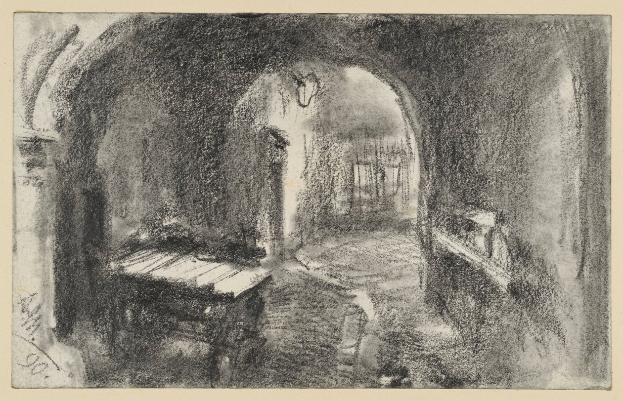En mørk, buet gang, med en håndvogn foran av Adolph Menzel