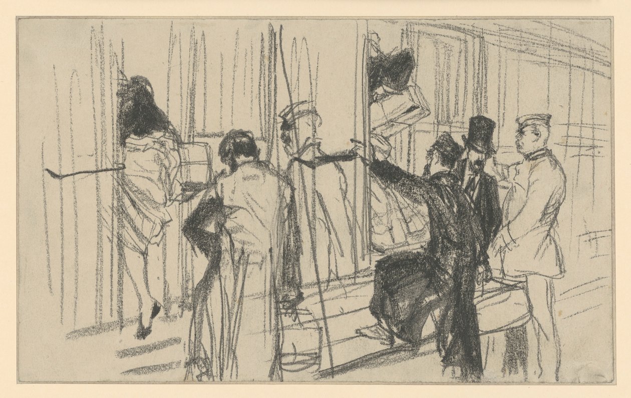 Påstigende togreisende og konduktør. Scene på perrongen av Adolph Menzel