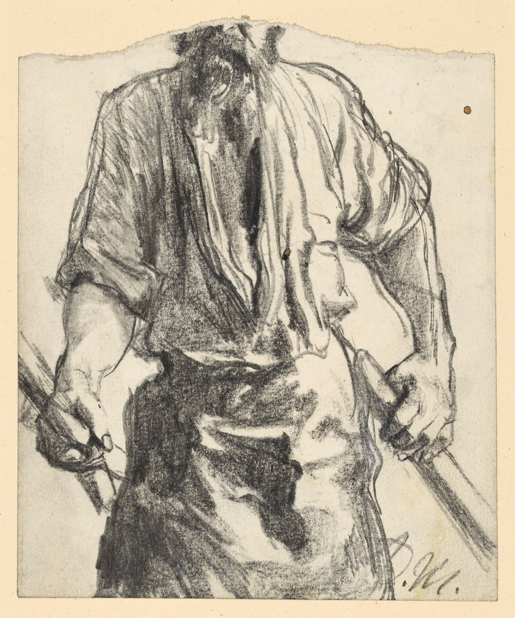 Jernarbeider med forkle og trestykker i hendene. Studie til «Jernvalseverket. Moderne kykloper» av Adolph Menzel