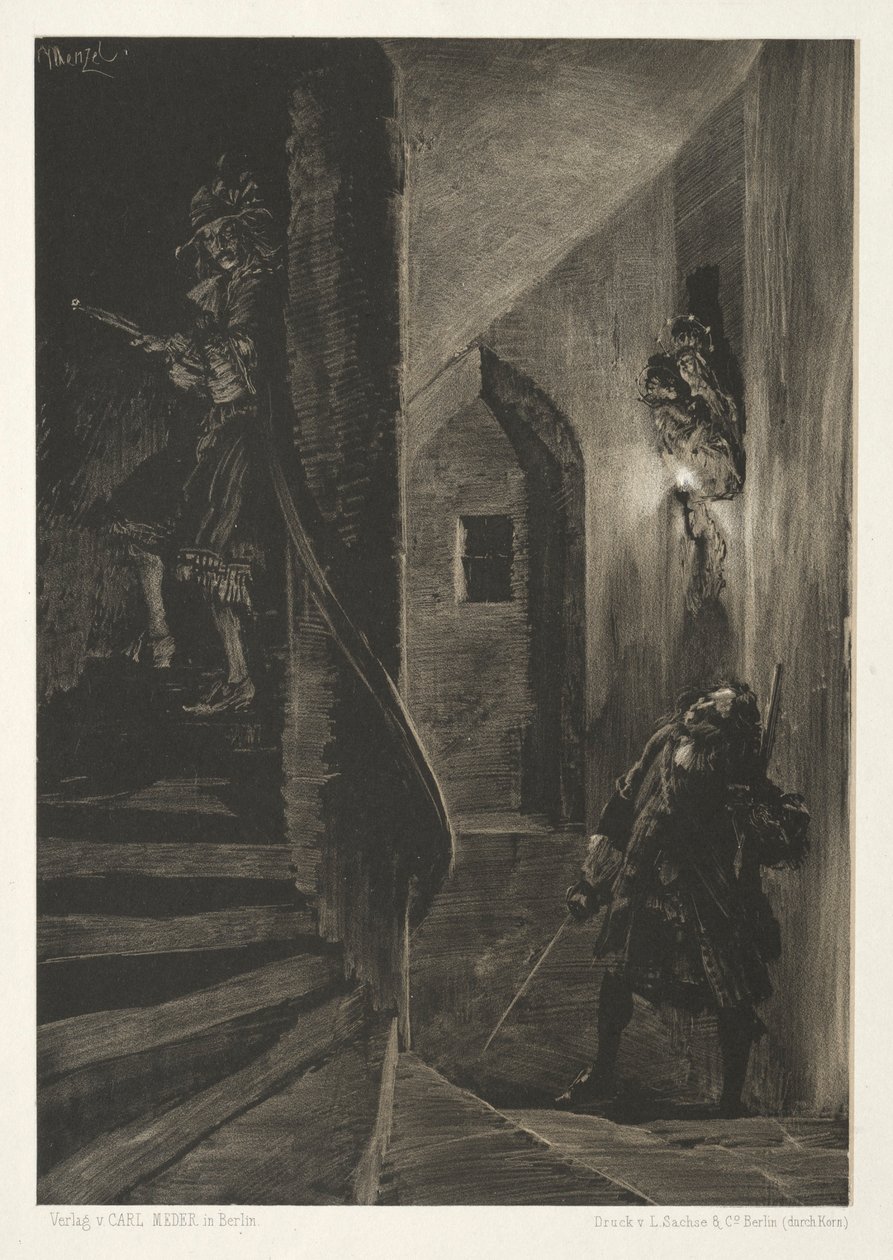 Essay om stein med børste og skraper: Chase on the Winding Staircase, 1851. av Adolph Menzel