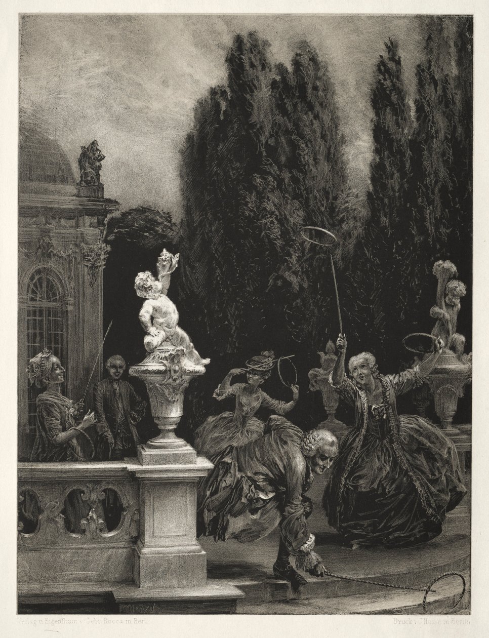 Essay om stein med børste og skraper: Spille ved bøyler på slottsterrassen, 1851. av Adolph Menzel