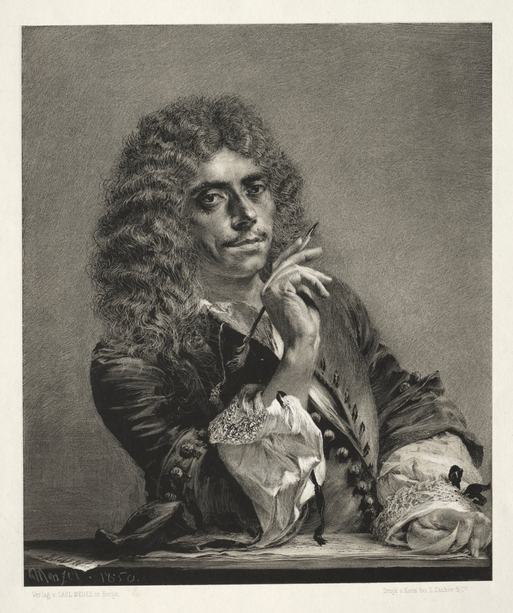 Essay om stein med pensel og skraper: Portrett av Molière, 1850. av Adolph Menzel