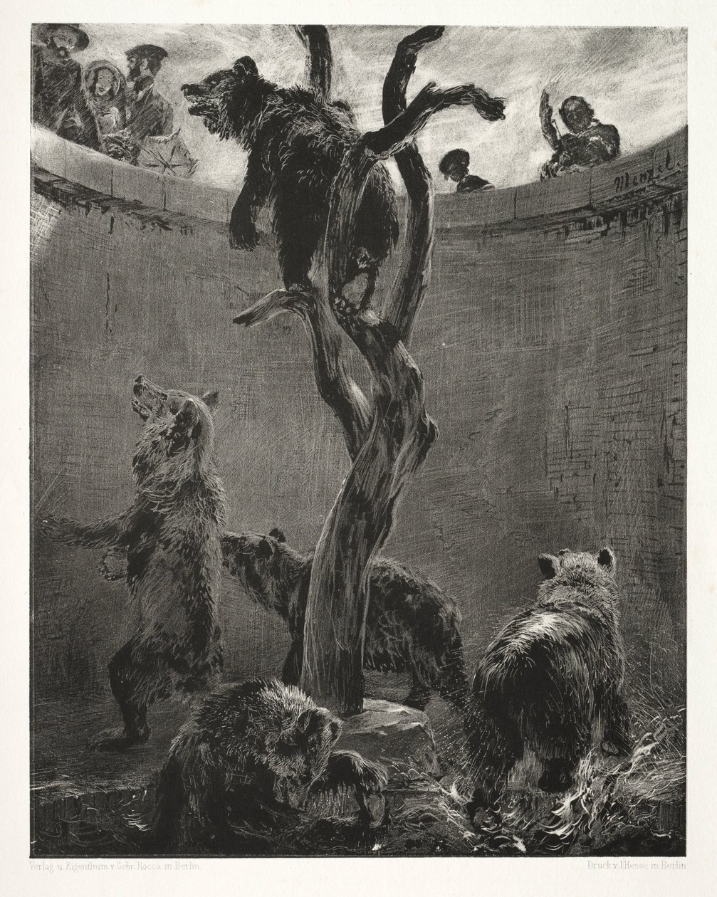 Essay om stein med børste og skraper: Bjørnegropen, 1851. av Adolph Menzel