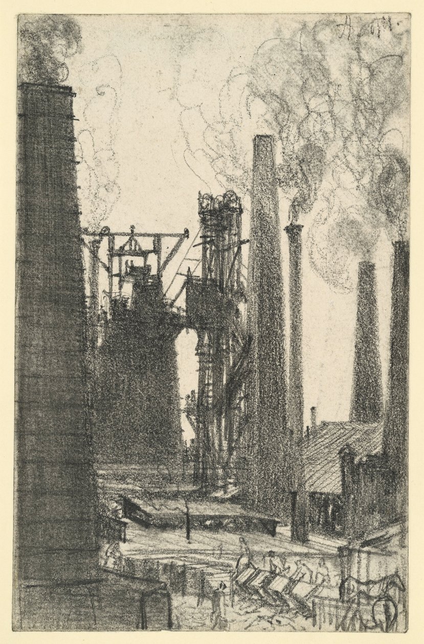 Fabrikkplass med rykende skorsteiner (Königshütte?) av Adolph Menzel