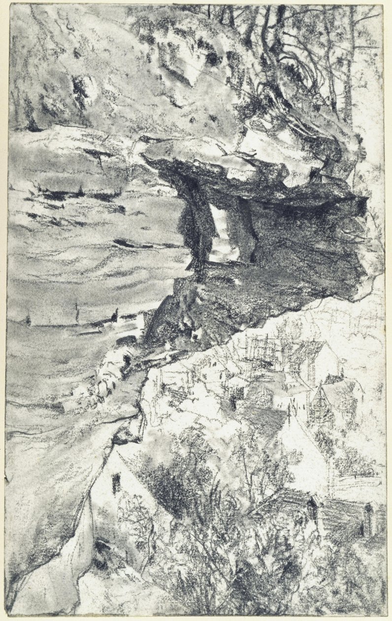 Klippeutspring med landsby i bakgrunnen (Saksisk Sveits?) av Adolph Menzel