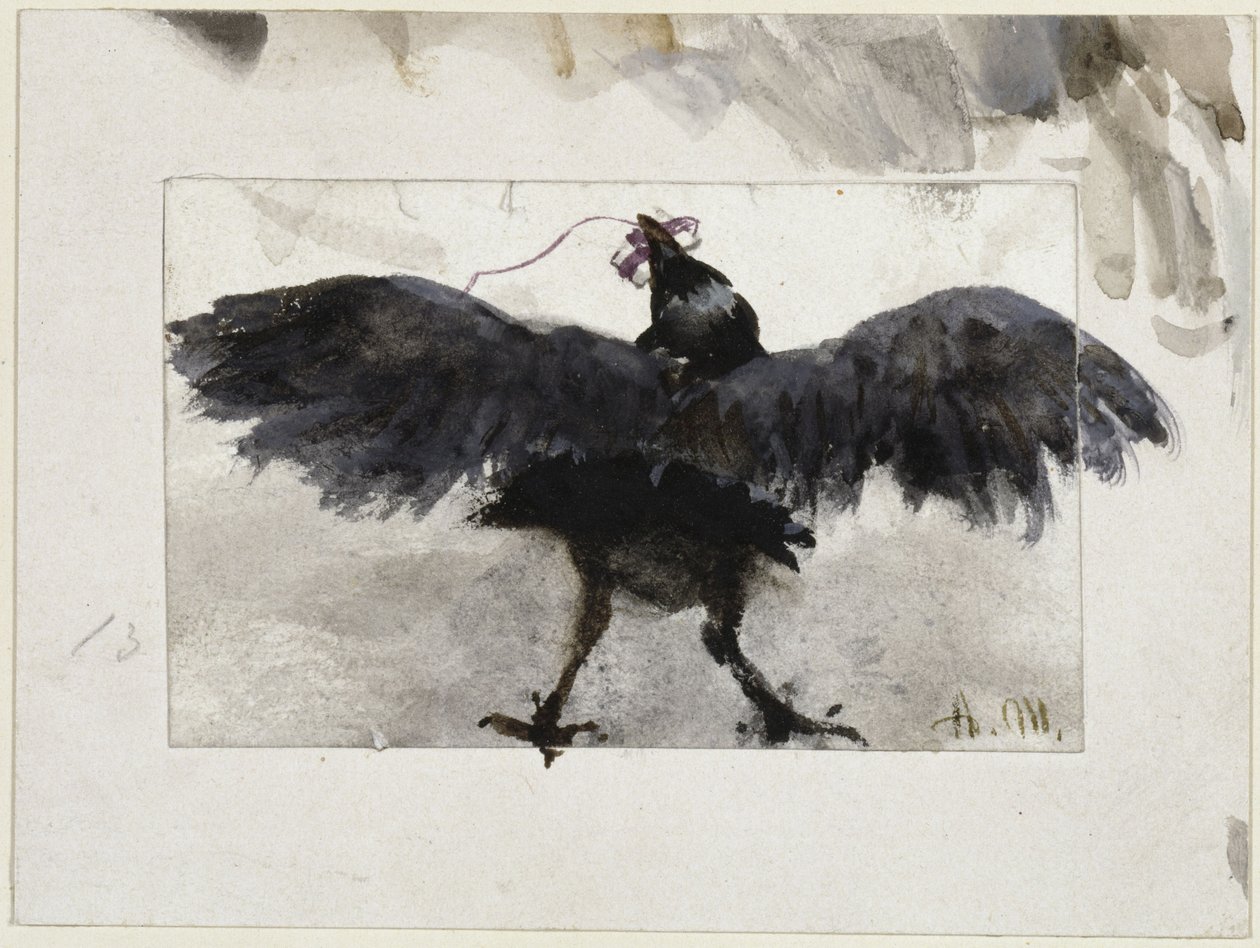 Flaksende ravn med en pakke i nebbet av Adolph Menzel