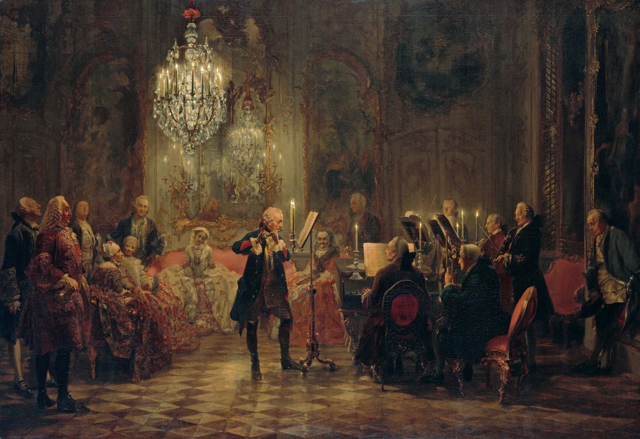 Fløytekonsert med Fredrik den store i Sanssouci, 1850-1852 av Adolph Menzel
