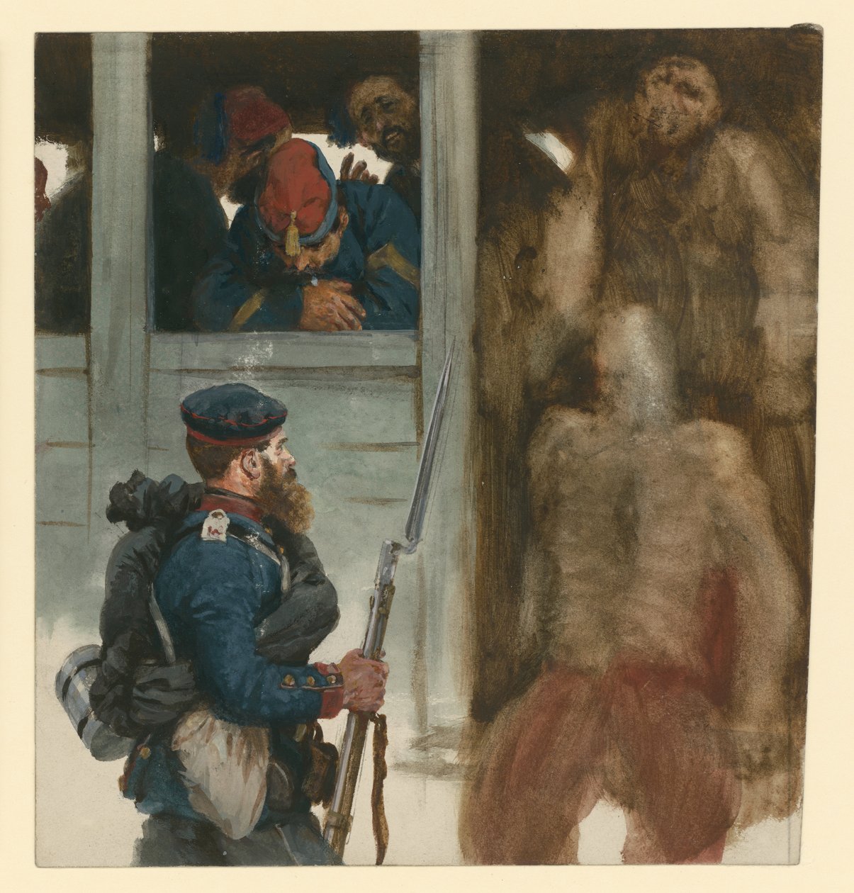 Fransk fangetransport i jernbanevogner, med en preussisk infanterist foran, scene fra krigen i 1870 av Adolph Menzel