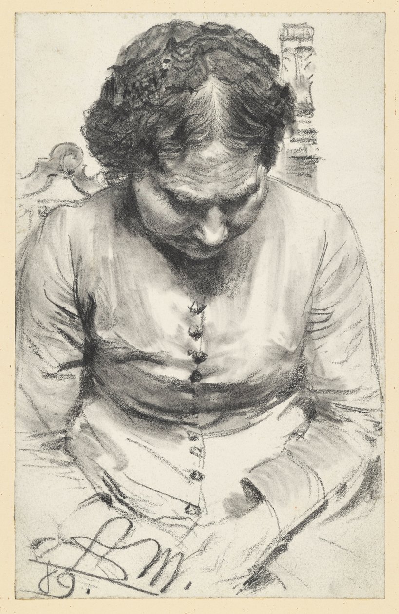 En kvinne med lue, sittende i en lenestol med hodet litt bøyd av Adolph Menzel