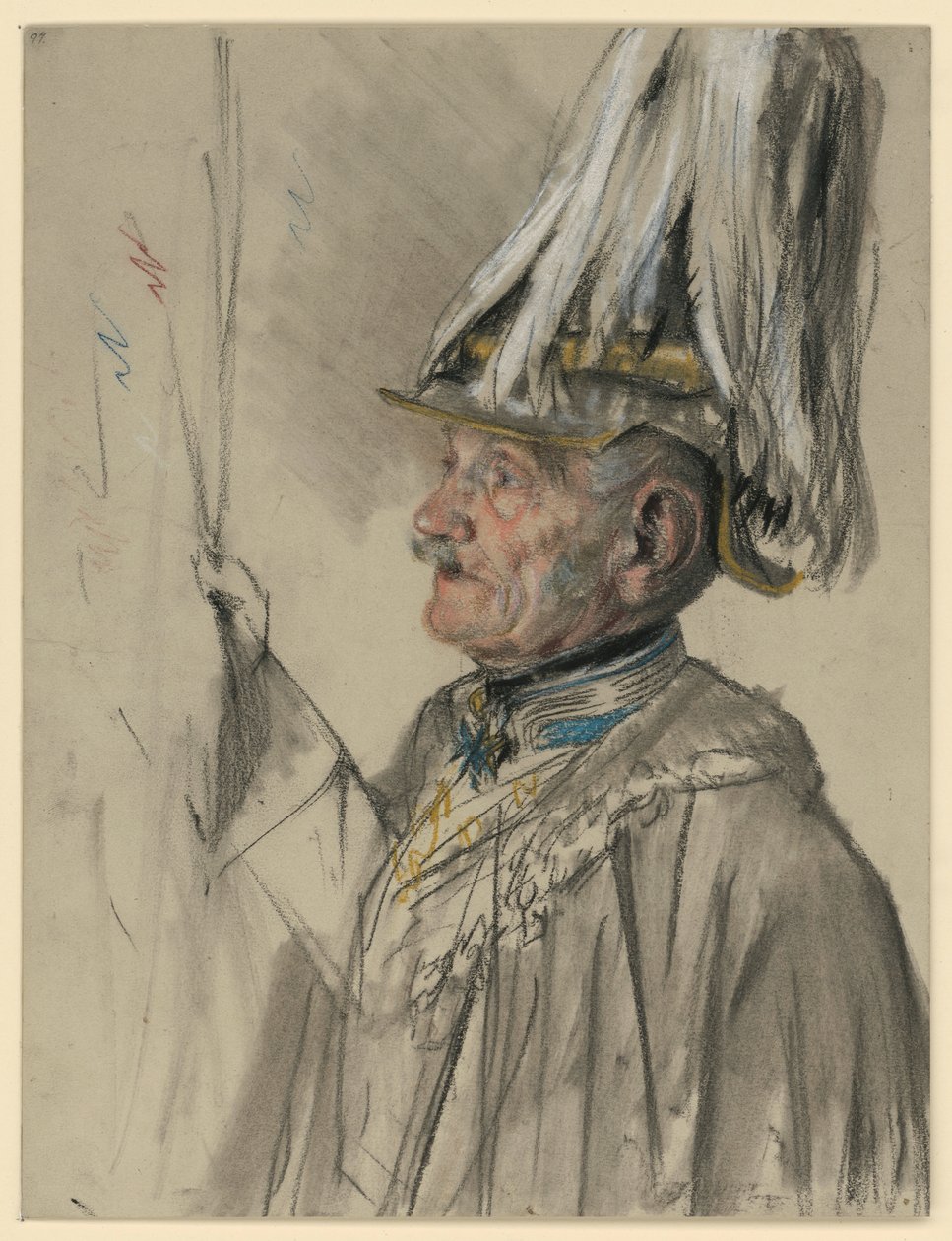 Friedrich grev von Wrangel i kappe med hjelm og fjærbusk, nesten i profil mot venstre, portrettstudie til «Vilhelm 1.s kroning i Königsberg» av Adolph Menzel