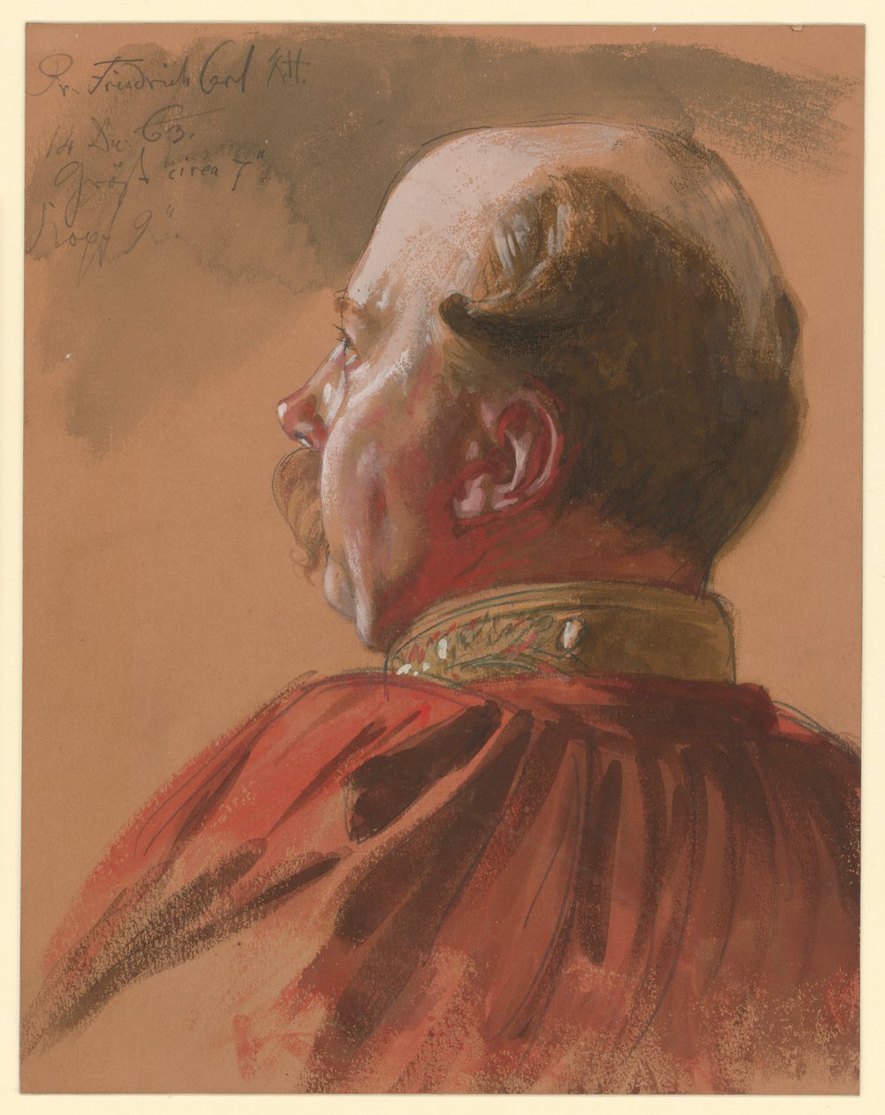 Prins Friedrich Karl av Preussen, delvis beskåret profil mot venstre, portrettstudie til «Kroningen av Wilhelm I i Königsberg» av Adolph Menzel