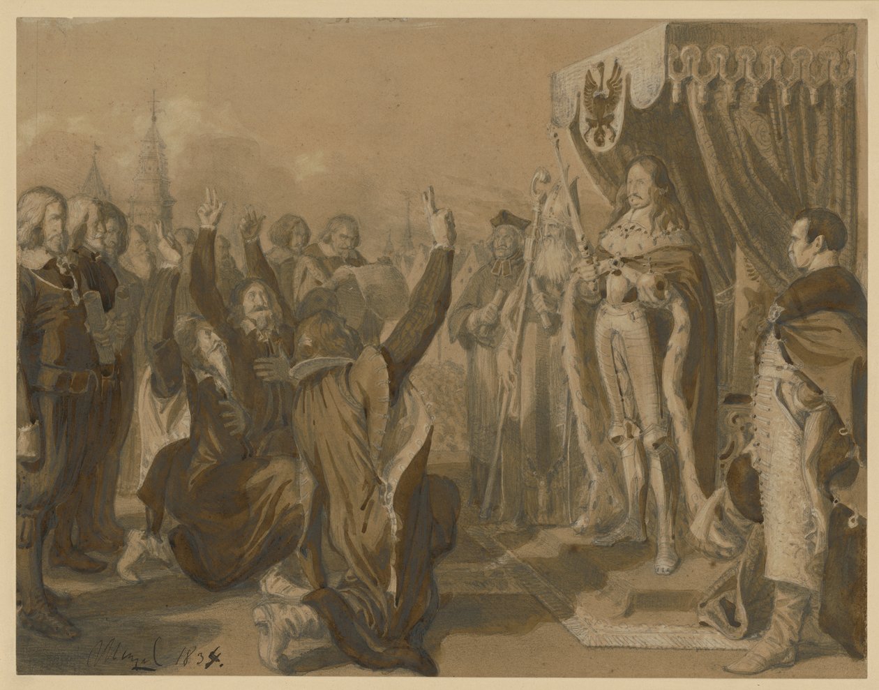 Fredrik Vilhelm, kurfyrste av Brandenburg, mottar den arvelige hyllesten fra de prøyssiske stendene i Königsberg 18. oktober 1663. Utkast til «Minneverdigheter fra Brandenburg-Preussens historie» av Adolph Menzel