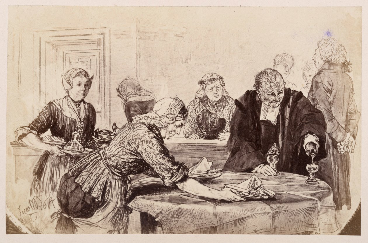 Frokostpause. Tjenestejentene dekker bordet, Adam skjenker. Til venstre går dommeren utålmodig frem og tilbake, til Heinrich von Kleists «Den knuste krukken» av Adolph Menzel