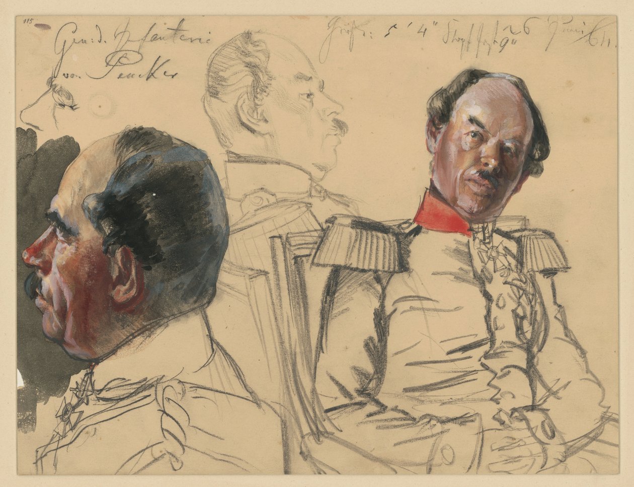 Infanterigeneral Eduard von Peucker, 1. hodestudie, profil mot venstre, 2. brystbilde litt mot høyre, blikket mot venstre, mellom disse to en hodestudie, profil mot høyre, studier av Porzrät til «Kroningen av Wilhelm I i Königsberg» av Adolph Menzel